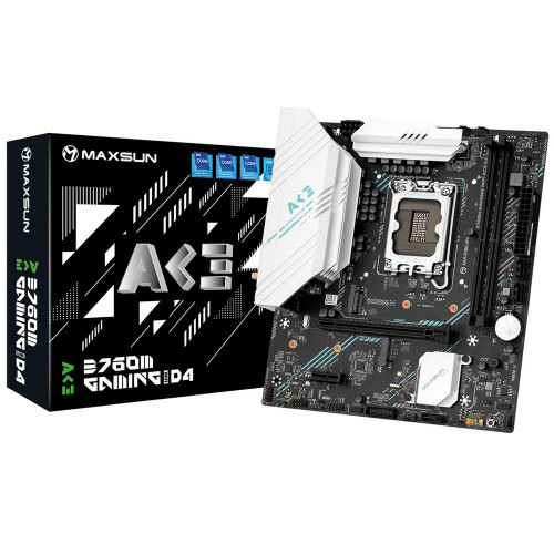 Материнская плата Maxsun MS-B760M GAMING WIFI ACE D4 B760, LGA1700, 2DDR4, 1PCIEx16, 1PCIEx1, 2M.2, 6USB3.2Gen1, 4USB2.0, 3SATA3.0, 1G, DP, HDMI, M-ATX, RTL Материнская плата Maxsun MS-B760M GAMING WIFI ACE D4 B760, LGA1700, 2DDR4, 1PCIEx16, 1PCIEx1, 2M.2, 6USB3.2Gen1, 4USB2.0, 3SATA3.0, 1G, DP, HDMI, M-ATX, RTL