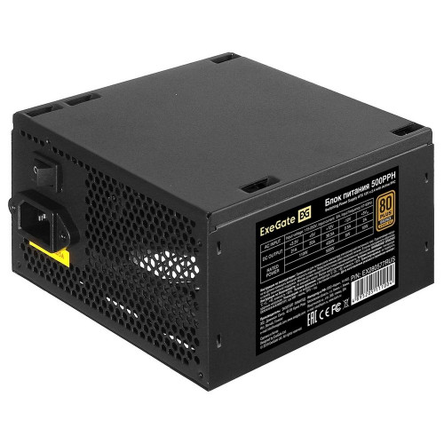Блок питания 500W ExeGate 80 PLUS® Bronze 500PPH-S (ATX, APFC, SC, КПД 88% (80 PLUS Bronze), 12cm fan, 24pin, 2x(4+4)pin, 4xPCI-E, 6xSATA, 3xIDE, кабель 220V 1,8м с защитой от выдергивания, black, Color Box)