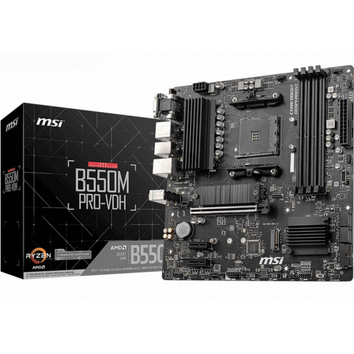 Материнская плата MSI B550M PRO-VDH B550, AM4, 4DDR4, 1PCIEx16, 2PCIEx1, 2M.2, 1TypeC, , 6USB3.2Gen1, 6USB2.0, 4SATA3.0, 1G, VGA, DP, HDMI, M-ATX, RTL