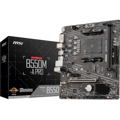 Материнская плата MSI B550M-A PRO B550, AM4, 2DDR4, 1PCIEx16, 1PCIEx1, 1M.2, 6USB3.2Gen1, 6USB2.0, 4SATA3.0, 1G, DVI, HDMI, M-ATX, RTL