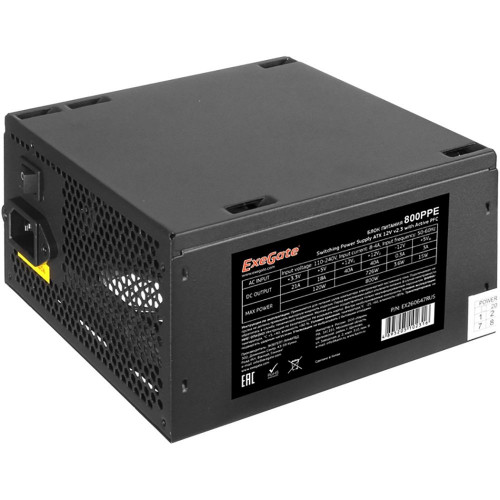 Блок питания Exegate EX260647RUS Блок питания 800W Exegate 800PPE ATX, black, APFC, 12cm, 24p+(4+4)p, PCI-E, 3IDE, 5SATA, FDD OEM (102316)