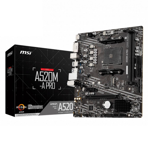 Материнская плата MSI A520M-A PRO A520, AM4, 2DDR4, 1PCIEx16, 1PCIEx1, 1M.2, 6USB3.2Gen1, 6USB2.0, 4SATA3.0, 1G, DVI, HDMI, M-ATX, RTL Материнская плата MSI A520M-A PRO A520, AM4, 2DDR4, 1PCIEx16, 1PCIEx1, 1M.2, 6USB3.2Gen1, 6USB2.0, 4SATA3.0, 1G, DVI, HDMI, M-ATX, RTL
